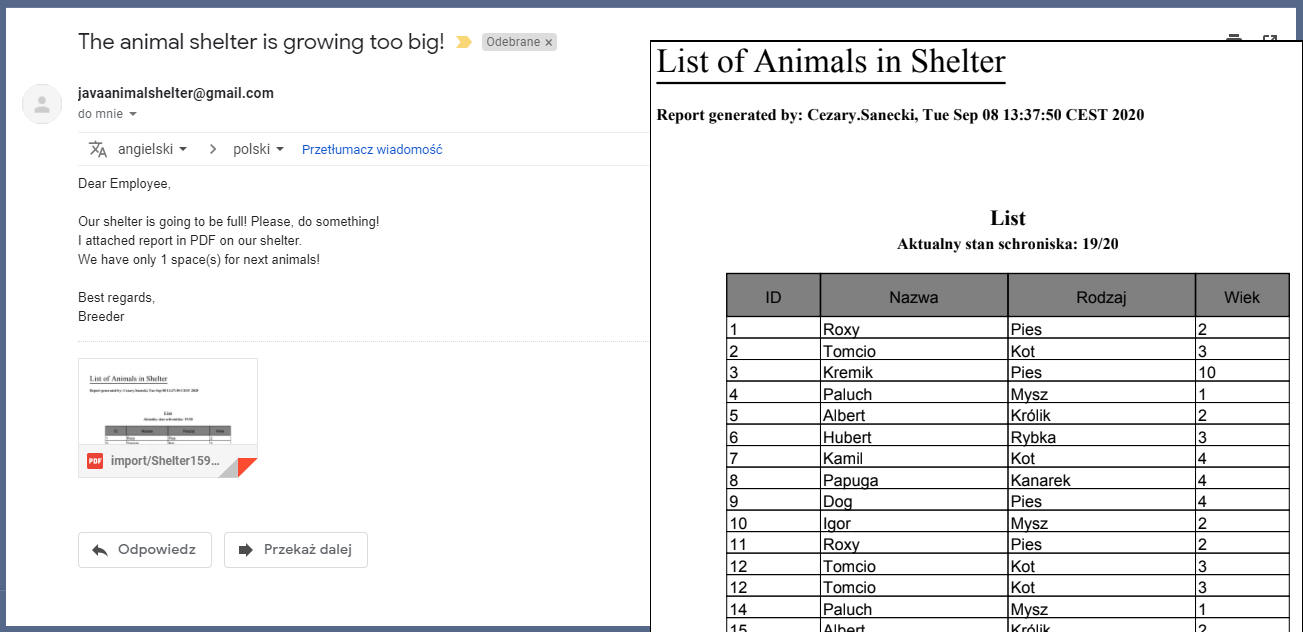 WyglÄ…d maila z PDFem aplikacji AnimalShelter