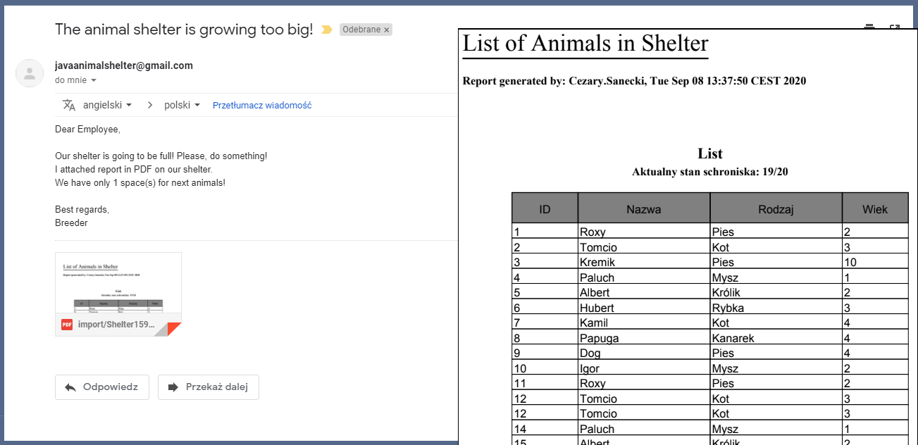 Wygląd maila z PDFem aplikacji AnimalShelter